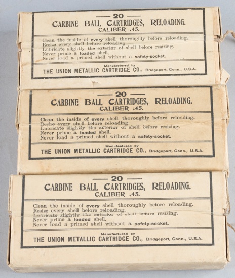 Three original, unopened full boxes of Ammunition, totaling 60 rounds of .45 caliber, Carbine Ball C