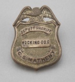 Deputy Sheriff, Hocking Co. O., C.S. Matheny Badge, shield with eagle crest, 1 7/8