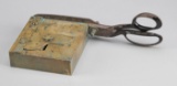 Heavy brass antique Card Cutter, scissor type, cutter is marked 