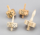 Group of four antique Bone Spinners, these Spinners are all gaffed, designed for cheating.  Will sel