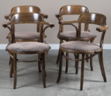 Set of early saloon Barrel Back Chairs with unique bentwood frame, circa 1920s, with round seats, ve