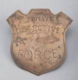 Private Detective Force, No. 11 Badge, flat brass shield, 2 1/2
