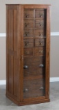 Unusual, antique oak Filing System with locking glass door front, 10 drawers measure 4 1/2