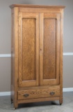 Antique double door, oak Wardrobe, with paneled doors and full width drawer at base, 79