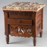 Walnut Victorian, East Lake Foot Stool with upholstered lift top and hide away drawer, original esta