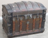 Large, antique Dome Top Trunk, circa 1900, covered in metal with alligator stamped design, leather h