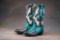 Colorful pair of inlaid and overlaid Boots, with round toe and walking heel, approximately a size 8