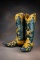 Eye catching pair of hand made Ammon's Boots with inlaid and overlaid star and scroll pattern, steer