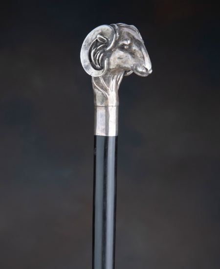 Beautiful vintage, Ebony Walking Cane, 36" long, with beautiful heavy silver rams head handle.  (Kin