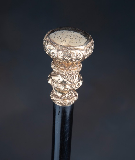 Beautiful vintage, Ebony Cane, 36" long, with ornate engraved gold presentation handle, "Presented b