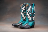 Colorful pair of inlaid and overlaid Boots, with round toe and walking heel, approximately a size 8