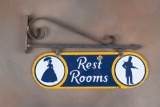Very desirable, vintage double side, raised porcelain, hanging Rest Room Sign, with original cast ir