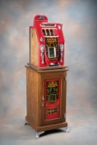 Two piece Golden Nugget, 25 cent coin-op S Machine, finished in oak case with lighted base and nicke