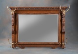 Very ornate antique carved oak figural Hanging Mirror, circa 1910, with ornate dental molding at top