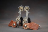 Extremely ornate pair of double mounted, silver mounted hand engraved Spurs, with gold embellishment