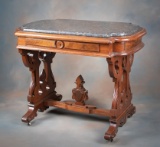 Antique Victorian Walnut, marble top Parlor Table, circa 1880s, with finial stretcher and drawered s