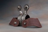 Unique pair of hand engraved, silver mounted, double mounted swan Spurs, by noted Bit and Spur Maker