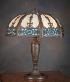Beautiful antique, filigreed bent panel, multi-color Table Lamp, attributed to Miller Lamp Co., circ