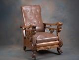 High quality antique oak Morris Reclining Arm Chair, circa 1910, with lion heads and claw feet, spec