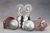 Outstanding pair of double mounted Spurs by noted Texas Bit & Spur Maker Kevin Burns, with raised ha