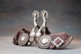 Fancy pair of double mounted gal-leg Spurs in peacock pattern by noted Oklahoma Bit and Spur Maker J