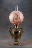 Antique Victorian Banquet Lamp with fancy filigreed handles and base, with 9