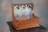 Presentation, antique oak case Tantalus (Liquor Cabinet), complete with three crystal decanters with