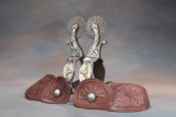 Unique pair of double mounted, hand engraved Spurs by Colorado Bit and Spur Maker Kevin Peebler, wit