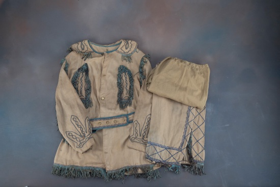 A canvas & leather two piece, fringed Wild West Outfit , marked "W.F. Cody Wild West", both these pi