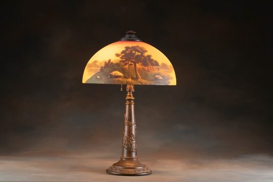Antique, reverse painted Table Lamp, circa 1920-1925, 24" tall x 15 1/2" scenic shade, on original b