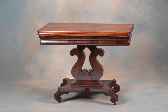 Beautiful antique, mahogany, swivel top Game Table, circa 1880s, with lyre shaped base, 30 1/2" tall