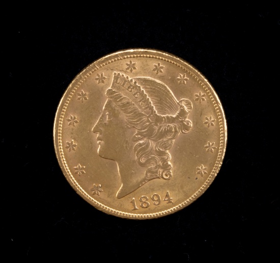 An American Liberty Head Twenty Dollar Gold Coin dated 1894, very good condition.