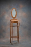 Very unusual, antique quarter sawn oak Shaving Stand with long oval shaving mirror, and shelf design