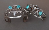 Pair of sterling and turquoise Cuffs, one with long horn steer head and one with steer skull and rop