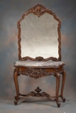 Incredible two-piece, heavily carved Console with matching mirror, beautiful serpentine, floral carv