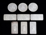 Nine, 1 ounce Anniversary Commemorative Coins and Bars, all nine pieces are marked 