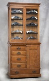 Most unusual antique oak Doctors Cabinet, circa 1900-1910, step back top portion has glass door on e