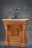 Antique oak Pedestal with polished granite top, with ornate trim work and molding, circa 1910, excel