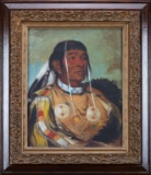 Antique framed, Print of Indian, well dressed in fringed outfit in an antique oak and gilt frame tha