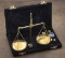 Cased Set of brass Gold Scale Balance Weights, small take down model, complete with several weights,