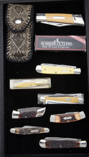 Collection of eight Folding Knives in as new condition, marked "Schrade Cutlery".  Three are in orig