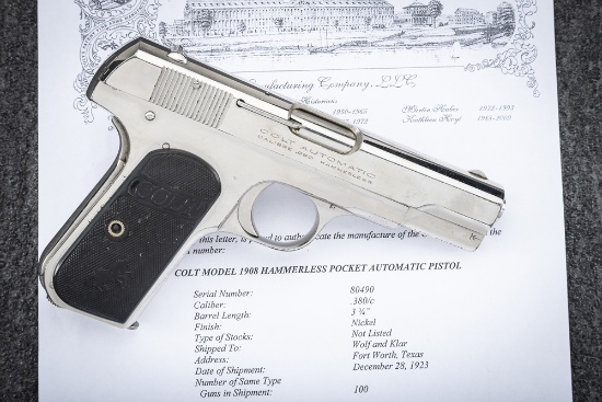Texas shipped Colt, Model 1908, Auto Pistol, .380 caliber in original box, SN 80490, nickel finish w