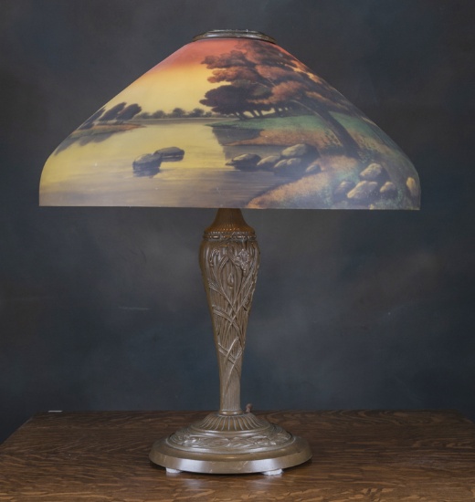 Antique Reverse Hand Painted Table Lamp, circa 1920-1925, attributed to Pittsburg Lamp Company, Pitt