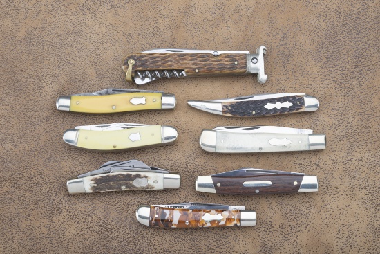 Collection of eight Folding Pocket Knives, new to lightly used to include:  (1)  Two blade "Fighting