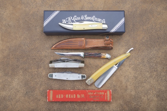Collection of five items to include:  (1)  A new Case XX single blade Folding Knife, 4 7/8" long.  (