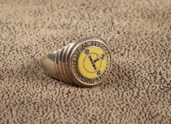 Scarce, vintage 10kt gold Ring, marked "Dr. Pepper Accredited Route Salesman", with yellow enamel in