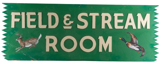 Old hand made wooden Sign that used to hang in Cogdell's and Leo's Gun Shop, "FIELD AND STREAM ROOM"