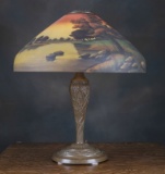 Antique Reverse Hand Painted Table Lamp, circa 1920-1925, attributed to Pittsburg Lamp Company, Pitt