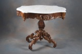 Early Victorian walnut, turtle top, marble top, Parlor Table, circa 1865-1870, beautifully hand carv