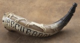 Early vintage, Mexican Folk Art carved Powder Horn, circa 1900-1910, deeply carved with animals and